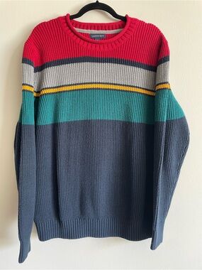 Lands End 2014 Shaker Knit roll neck sweater cotton blend 90s block stripe XL